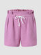 Solid Ruffle Elastic Waist Pocket Drawstring Shorts For Women - Purple
