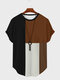 メンズ カラーブロック パッチワーク クルーネック 半袖 Tシャツ - 褐色