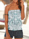 Printed Sleeveless Strapless Pleated Tank Top - Green