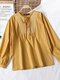Floral Embroidery Knotted V-neck Long Sleeve Loose Blouse - Yellow