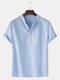 Mens Solid Color Cotton Linen Stand Collar Casual Short Sleeve Henley Shirts - Blue