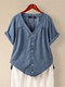 Casual Solid Color V-neck  Button Plus Size Shirt - Blue