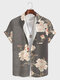 Camisas masculinas de manga curta com estampa floral chinesa com lapela e bolso no peito - cinzento