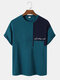 Mens Contrast Patchwork Embroidered Chest Pocket Short Sleeve T-Shirts - Blue