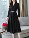 Women's Aline Dress Fashion V Neck Long Sleeve Solid Color Midi Dress - Black