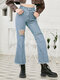 Solid Color Zip Front Ripped Button Pocket Flared Leg Denim Jeans - Blue