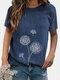 O-neck Flower Print Short Sleeve Casual T-shirt For Women - Blue