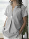 Solid Notch Neck Short Sleeve Button Casual Blouse - Gray