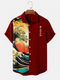 Mens Japanese Wave Ukiyoe Print Patchwork Short Sleeve Shirts - Wine Red