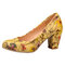 Women Extra Size Floral Chunky Heel Pumps - Yellow