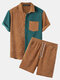 Mens Corduroy Patchwork Short Sleeve Casual Holiday Loungewear Two-Piece Outfits - Khaki