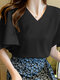 Einfarbige Bluse mit V-Ausschnitt und Rüschenärmeln für Damen - Schwarz