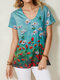 Flower Print V-neck Short Sleeve T-Shirt For Women - Green