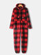 Women Plaid Flannel Zipper Front Plus Size Jumpsuit Home Hooded Onesies With Fluffy Ball - Red