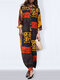 Ethnic Print Lapel Long Sleeve Vintage Jumpsuit For Women - Orange