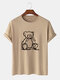Mens 100% Cotton Cartoon Bear Print O-Neck Casual Short Sleeve T-Shirt - Khaki