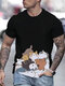 Mens Cute Cartoon Cat Print Crew Neck Short Sleeve T-Shirts Winter - Black