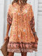 Bohemian Flower Print O-neck Knotted Half Sleeve Women Holiday Dress - Orange