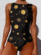 Women Starry Sky Hand Print High Neck Sleeveless One Piece Slimming Swimwear - Black6
