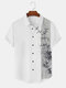 Mens Chinese Bamboo Print Lapel Button Up Short Sleeve Shirts Winter - White