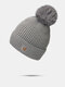 Women Knitted Solid Color Cartoon Elk Embroidered Fur Ball Decoration Plus Velvet Warmth Beanie Hat - Gray