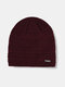 Men Knitted Plus Velvet Solid Color Striped Letter Metal Label Outdoor Warmth Brimless Beanie Hat - Red