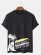 Mens Coconut Tree Letter Print Cotton Short Sleeve T-Shirts - Black