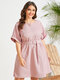Plus Size Belt Design Roll Half Sleeves Dress - Pink