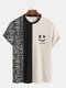 Mens Geometric Funny Face Print Patchwork Knit Short Sleeve T-Shirts - Beige