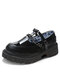Sapatos de plataforma de tira em T com correntes embelezadas e confortáveis com correntes femininas - Preto
