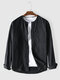 Mens Cotton Plain Solid Color Collarless Long Sleeve Shirts - Black