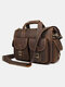 Men Vintage Multifunction Genuine Leather Cow Leather 14 Inch Laptop Bag Briefcases Crossbody Bag Handbag - Dark Brown
