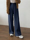 Solid Pleats Side Pocket Full Length Casual Pants - Navy