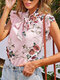 Flower Print Half-collar Knotted Ruffle Short Sleeve Blouse - Pink