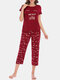 Plus Size Women Letter Cartoon Print Comfy Short Sleeve Pajama Sets - Wine Red