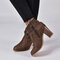 Large Size Women Fashion Suede Rivet Zipper High Chunky Heel Short Boots - Coffee