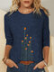 Casual Calico Embroidery O-neck Long Sleeve Blouse - Blue