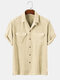 Mens Velour Double Pocket Revere Collar Short Sleeve Shirt - Beige