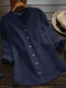 Solid Pocket Long Sleeve Button Stand Collar Blouse - Navy
