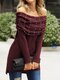 Solid Color Off Shoulder Patchwork Long Sleeve Sweater For Women - Wine Red