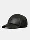 Men Sheep Leather Solid Color Patchwork Embroidery Thread Dome Casual Windproof Baseball Cap - Black