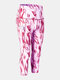 Women Tie-Dye Quick-Drying Elastic Skinny High Waist Sports Cropped Pants With Side Pocket - Red