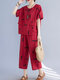 Printed Flap Pocket Tee & Elastic Waist Pants Two-piece Suit - Red