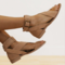 Women Retro Non Slip Ring Toe Back Zipper Casual Flat Slide Sandals - Beige