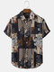 Mens Vintage Plants Print Button Up Short Sleeve Shirts With Pocket - Navy