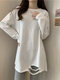 Solid Ripped Long Sleeve Crew Neck T-shirt For Women - White