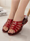 Women Home Summer Comfy Hollow Out Casual Crystal Wedges Slippers - Wine Red