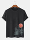 Mens Forest & Sun Landscape Print 100% Cotton Short Sleeve T-Shirts - Black