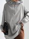 Women Solid Color Pocket Zip Front Loose Casual Hoodie - Gray