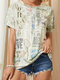 Letters Portrait Print O-neck Short Sleeve Casual Women T-shirt - Khaki